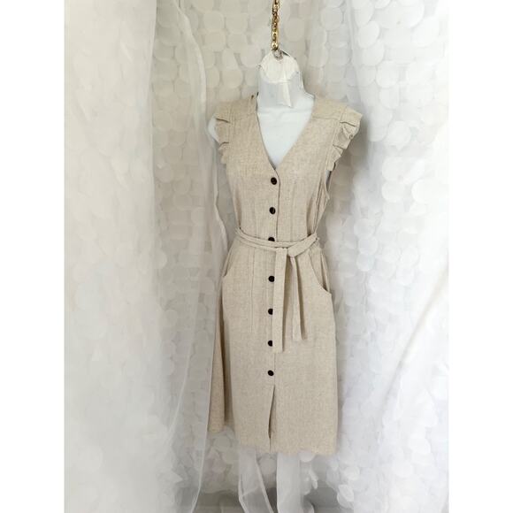 Monteau Los Angeles Linen Blend Small Beige Long button front Dress Cap Sleeves - Picture 1 of 10